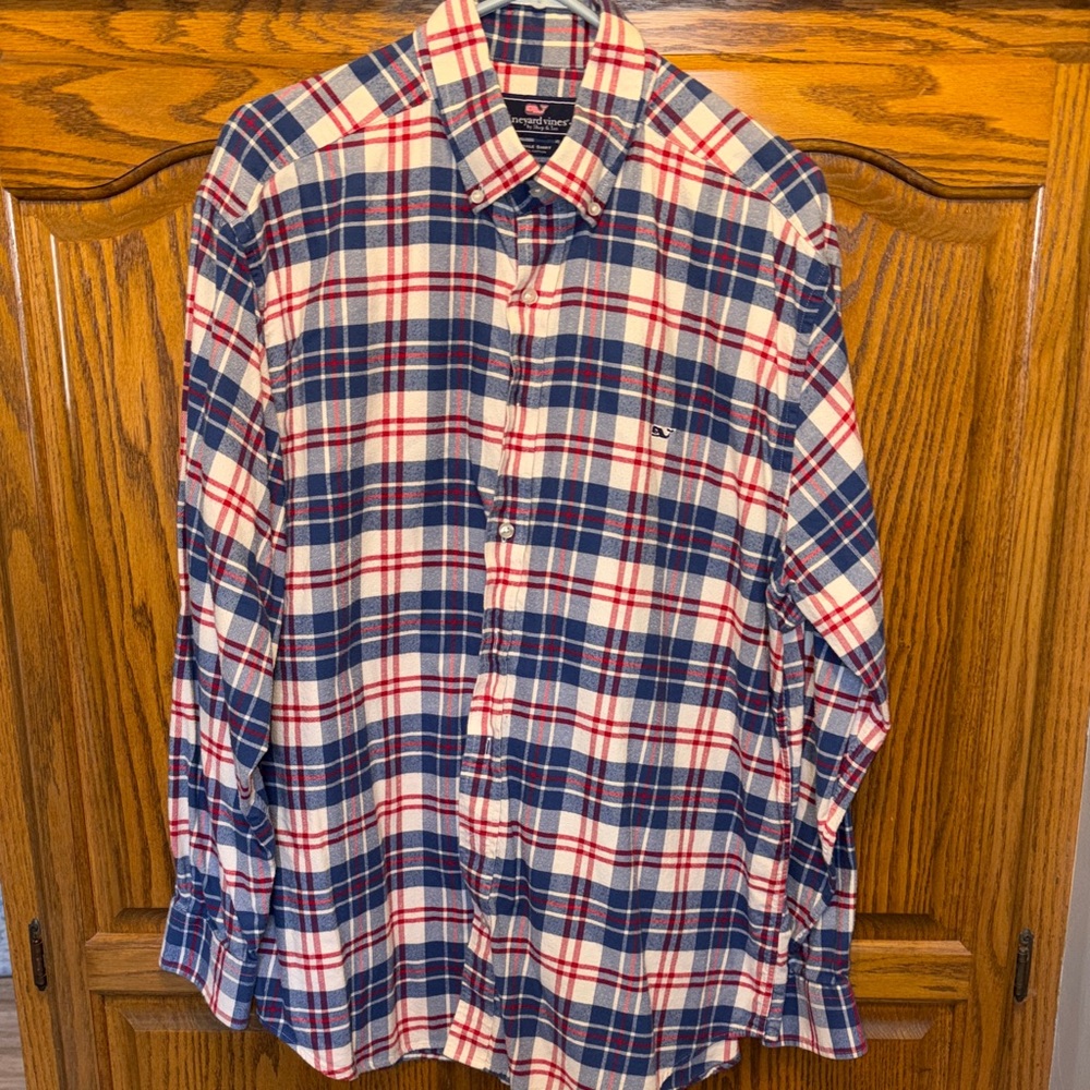 Instead Vines Men's Flannel Blue and Red Plaid Shirt